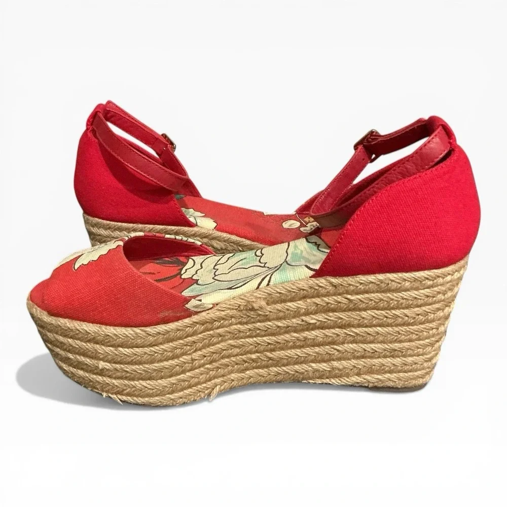 TORY BURCH Sherri Espadrille Platform Sandals Womens 8‎ Red Cream Floral Print